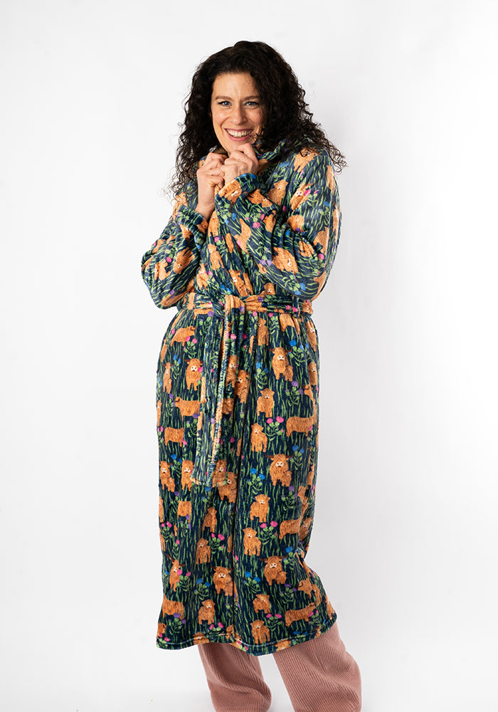 Highland Cow Print Hooded Dressing Gown