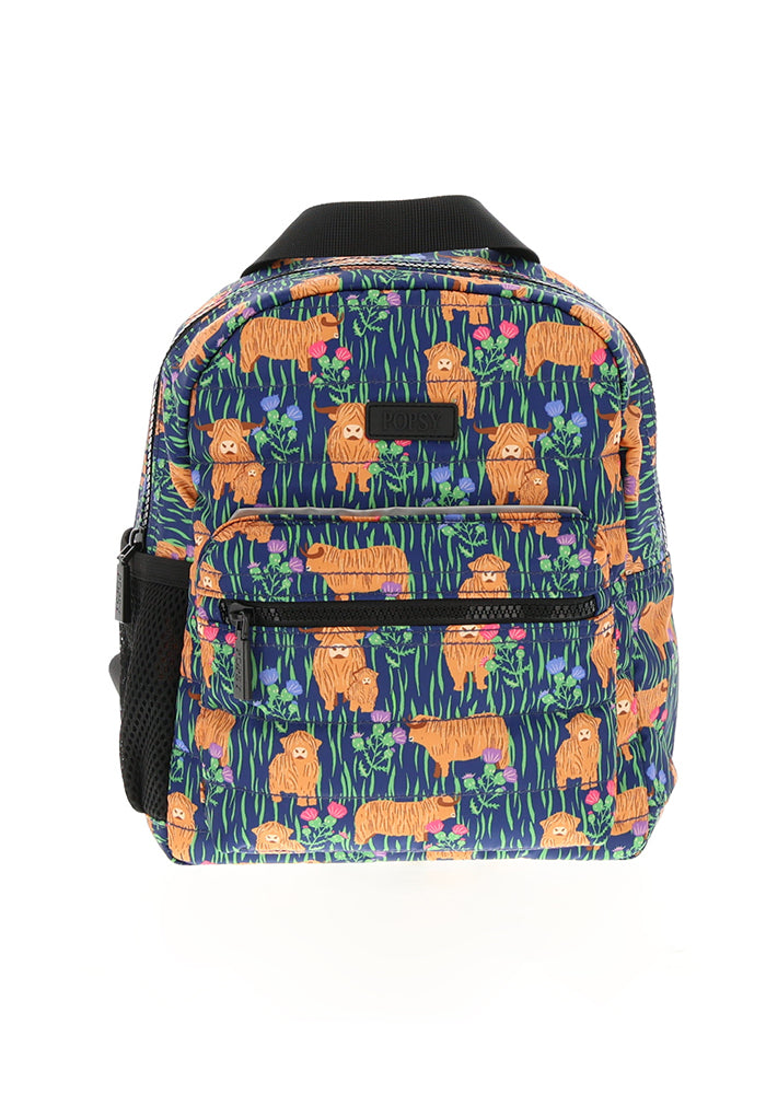Front view of Highland Cow Print Mini Backpack
