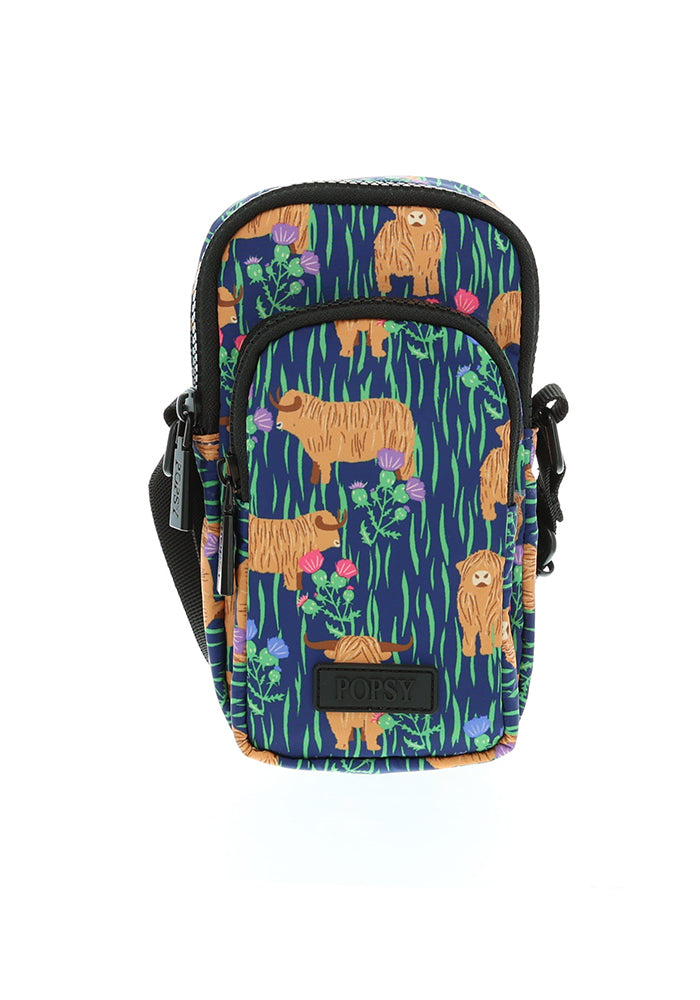 Front view of Highland Cow Print Phone Pocket Bag