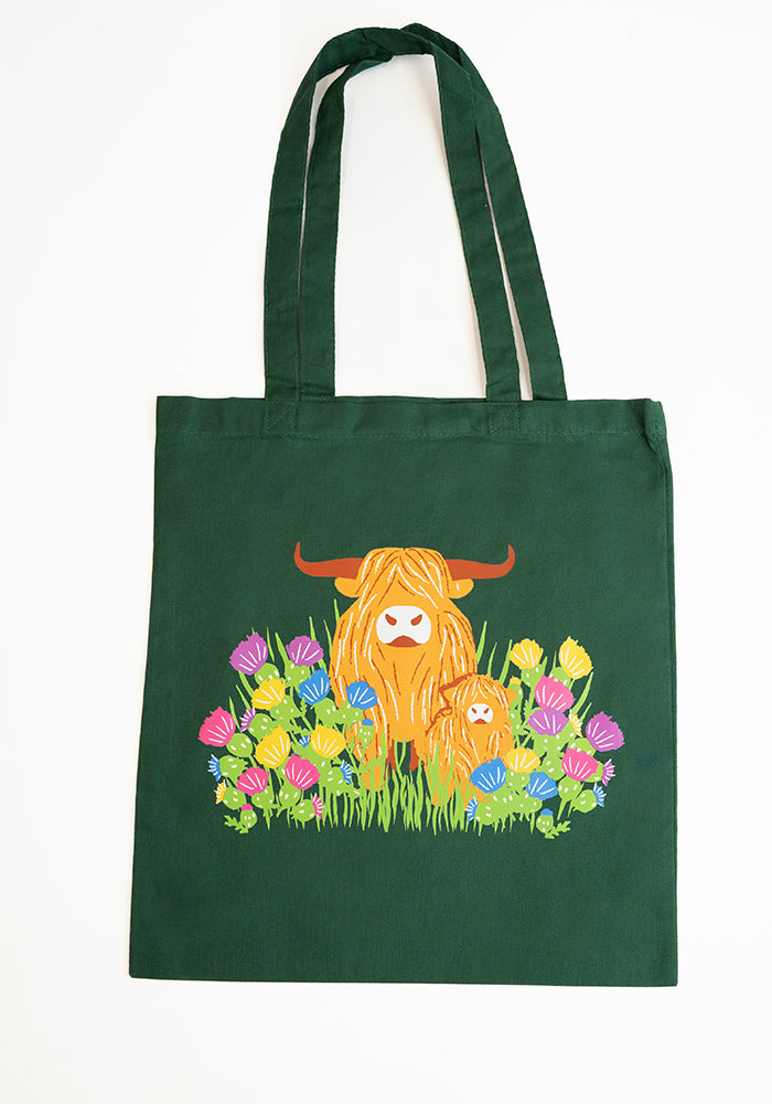 Front view of Highland Cow Print Cotton Canvas Bag - Women&