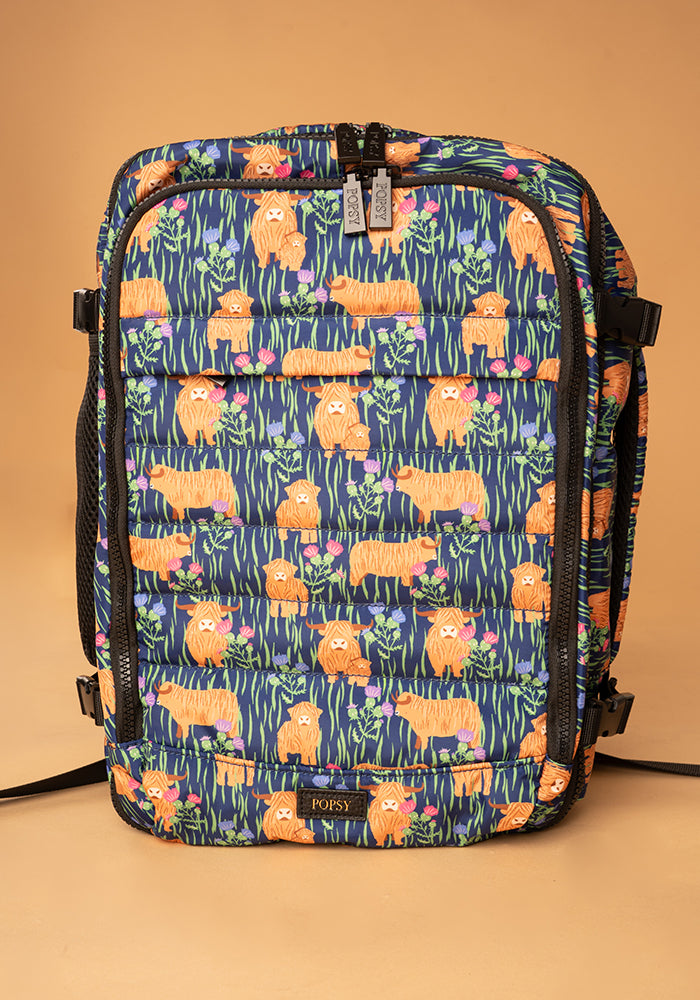 Front view of Highland Cow Print Popsy Cabin Bag, colourful cabin bag featuring fun Highland cow print from Popsy Clothing.