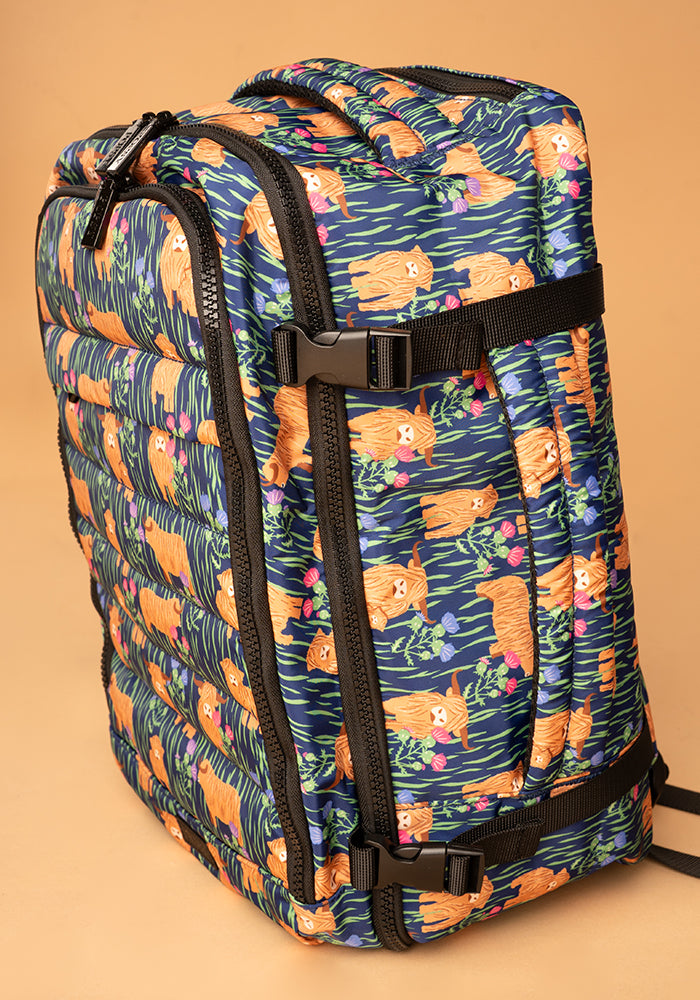Ninth angle of Highland Cow Print Popsy Cabin Bag, colourful cabin bag featuring fun Highland cow print from Popsy Clothing.
