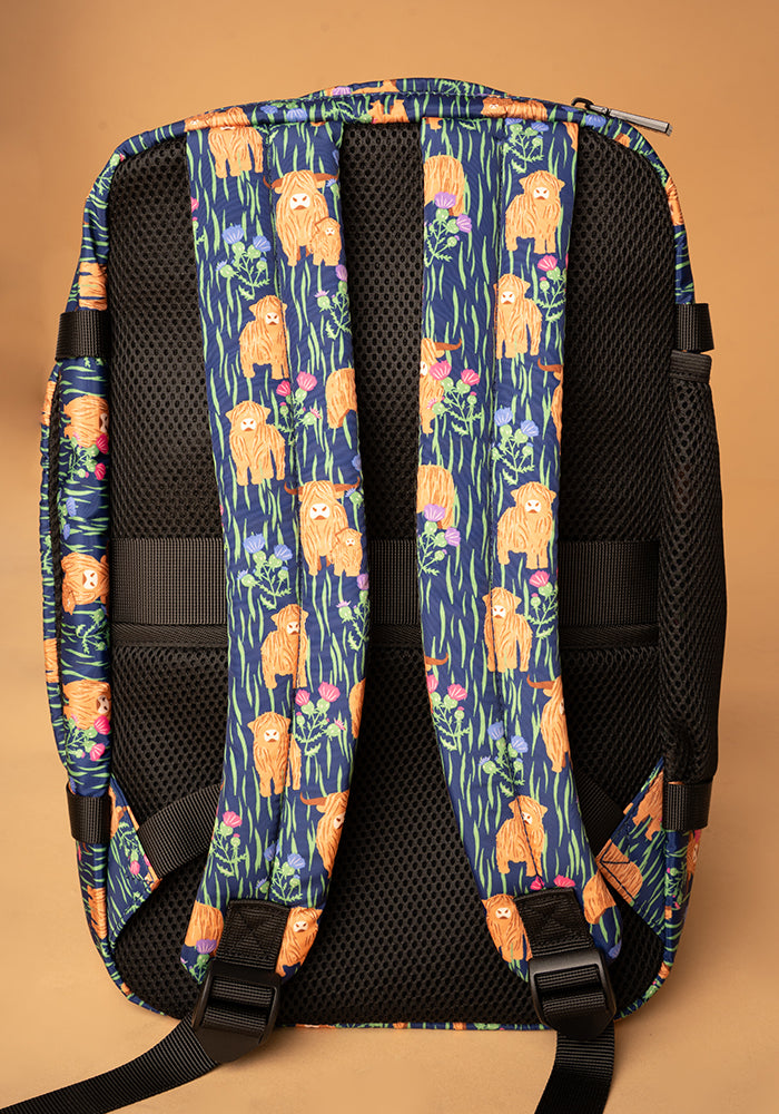 Third angle of Highland Cow Print Popsy Cabin Bag, colourful cabin bag featuring fun Highland cow print from Popsy Clothing.