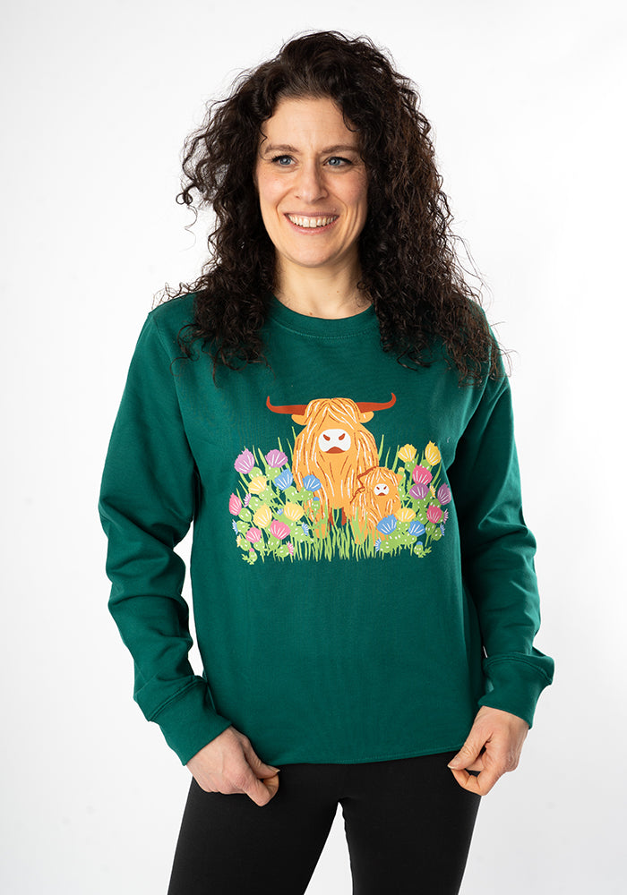 Third angle of Highland Cow Print Sweatshirt (Forest Green)
