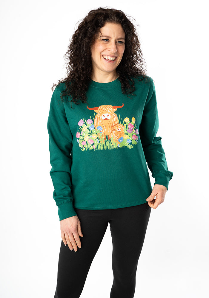 Fifth angle of Highland Cow Print Sweatshirt (Forest Green)