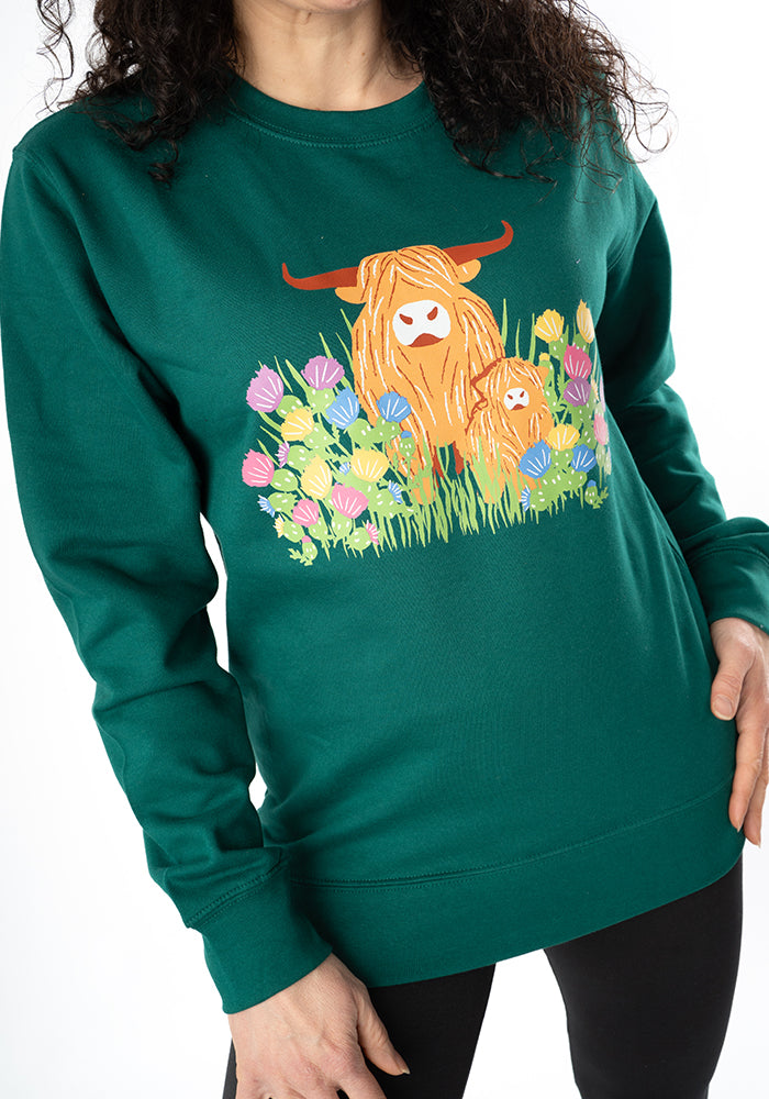 Second angle of Highland Cow Print Sweatshirt (Forest Green)
