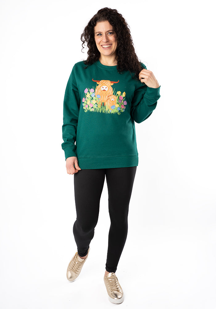 Fourth angle of Highland Cow Print Sweatshirt (Forest Green)