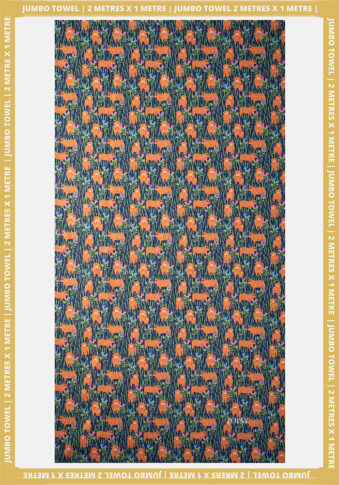 Front view of Highland Cow Print Jumbo Bath Sheet, a Jumbo Bath Sheet with a fun and quirky Highland cow print.