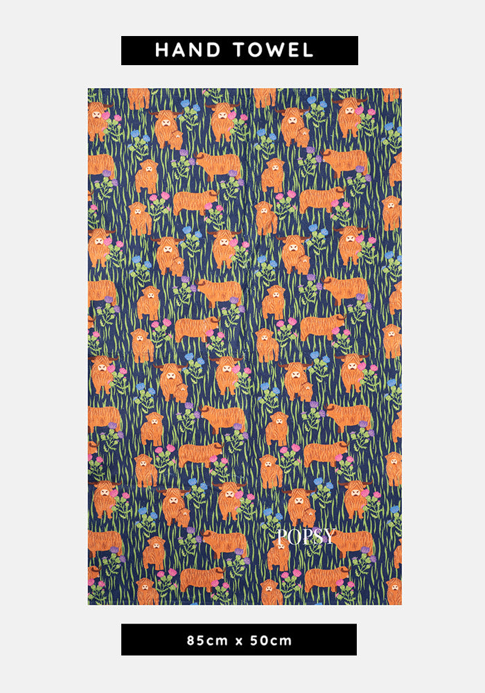 Front view of Highland Cow Print Hand Towel