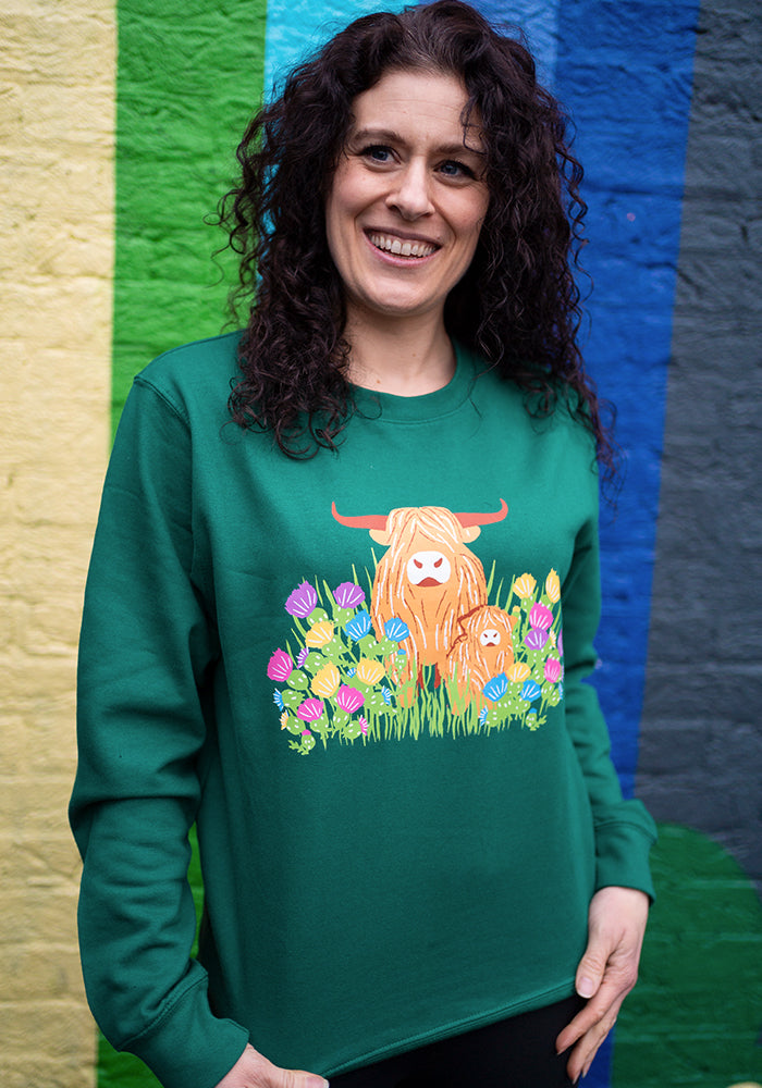 Front view of Highland Cow Print Sweatshirt (Forest Green)