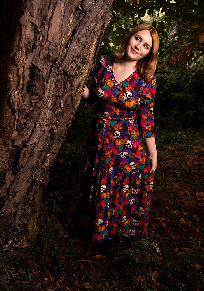 Hitch Pumpkin &amp; Skull Print Cotton Midaxi Dress