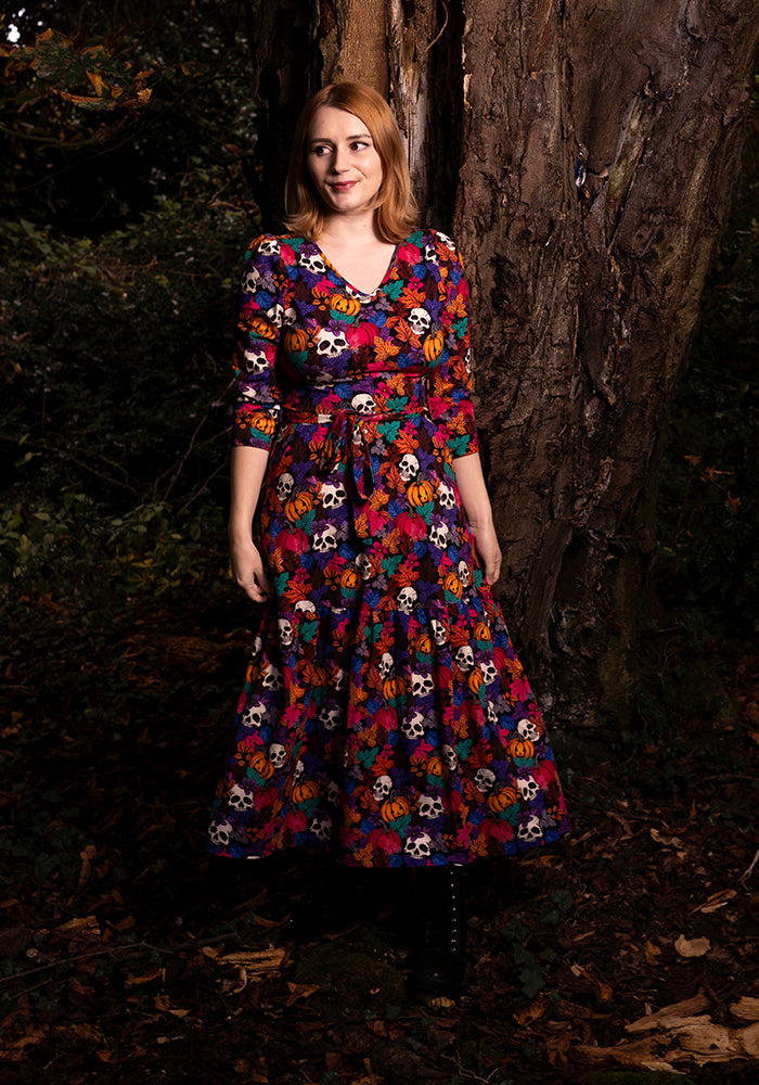 Hitch Pumpkin & Skull Print Cotton Midaxi Dress