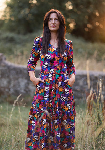 Hitch Pumpkin & Skull Print Cotton Midaxi Dress