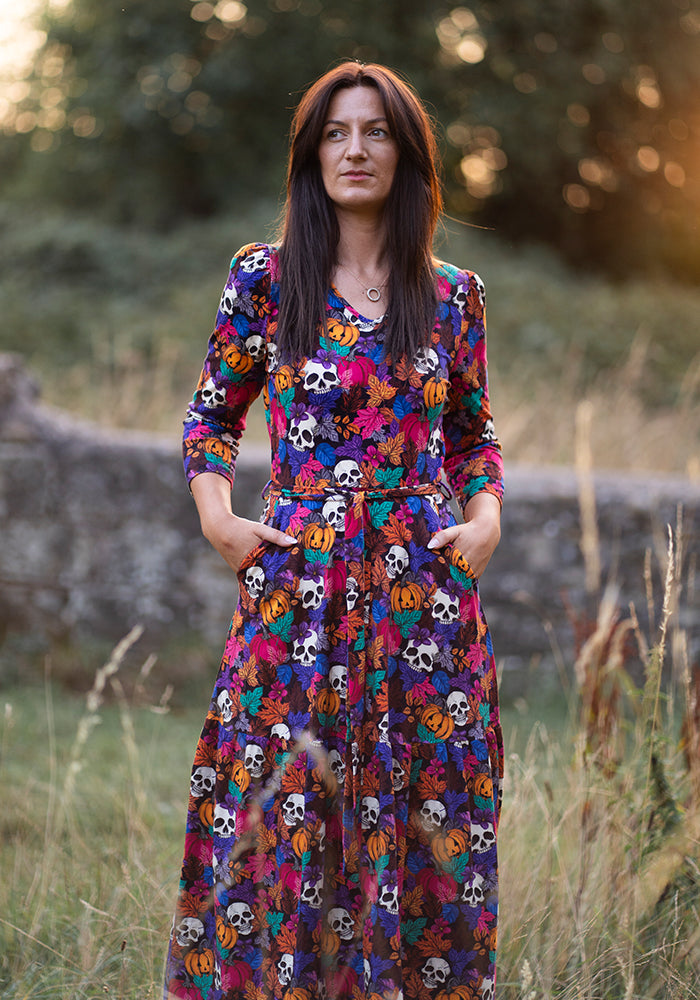 Hitch Pumpkin &amp; Skull Print Cotton Midaxi Dress