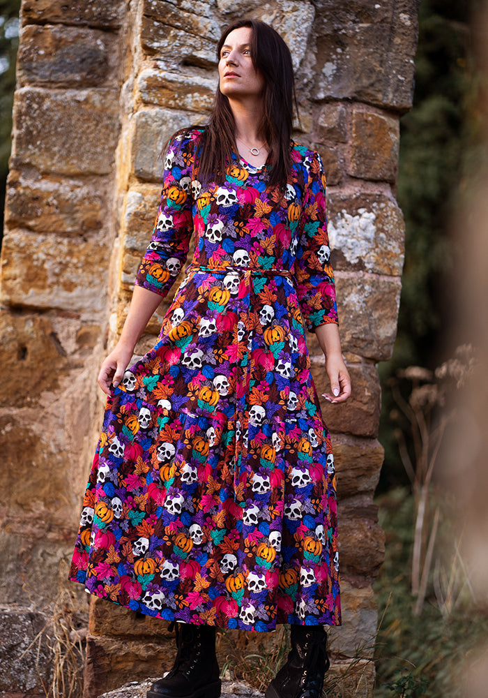 Hitch Pumpkin &amp; Skull Print Cotton Midaxi Dress