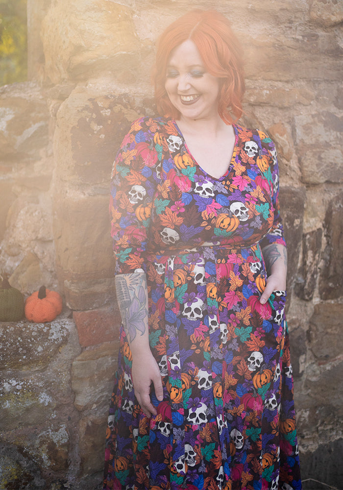 Hitch Pumpkin & Skull Print Cotton Midaxi Dress