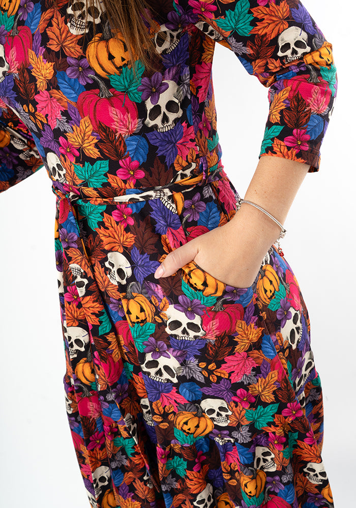 Hitch Pumpkin &amp; Skull Print Cotton Midaxi Dress