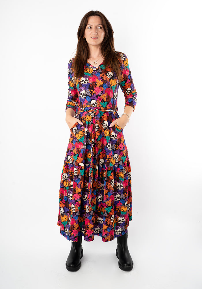 Hitch Pumpkin & Skull Print Cotton Midaxi Dress