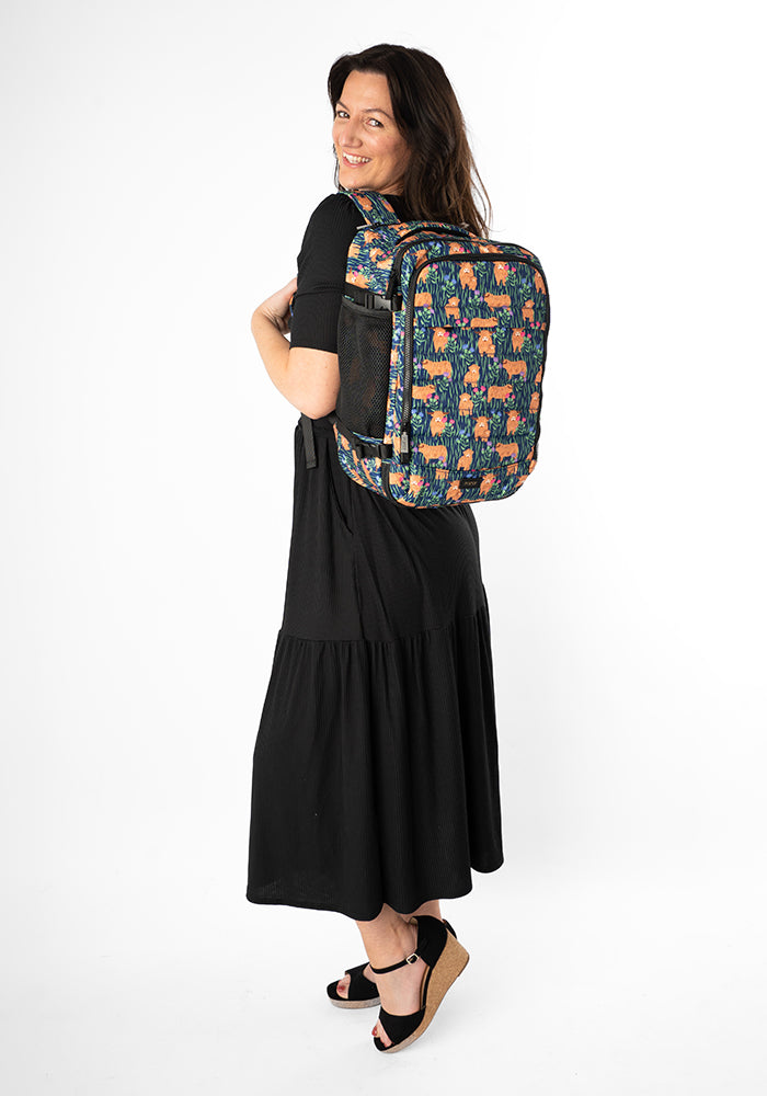 Second angle of Highland Cow Print Popsy Cabin Bag, colourful cabin bag featuring fun Highland cow print from Popsy Clothing.