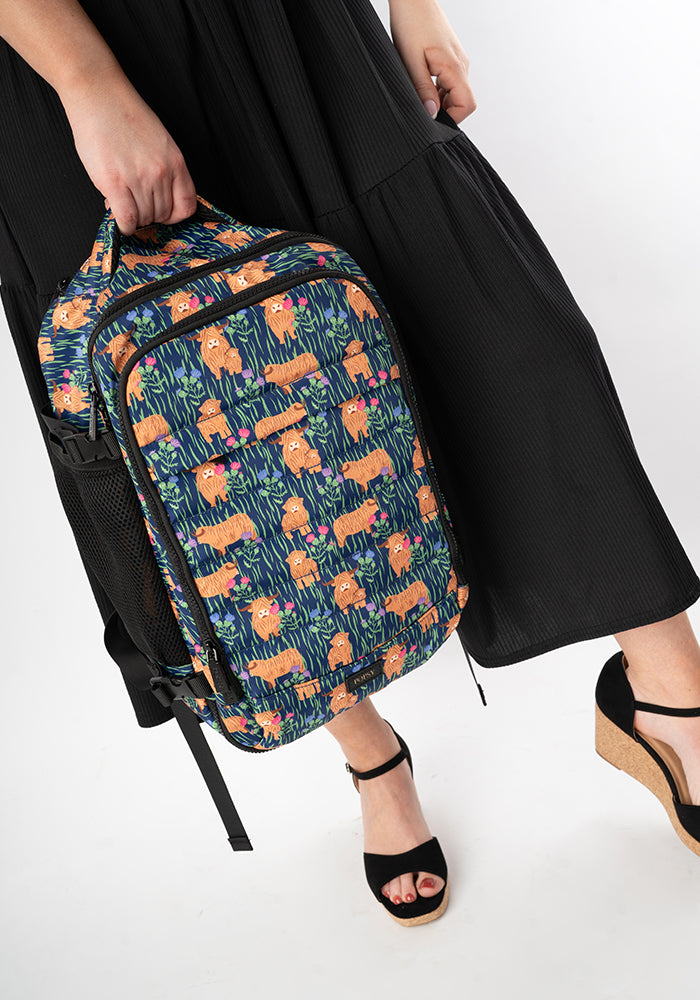 Fourth angle of Highland Cow Print Popsy Cabin Bag, colourful cabin bag featuring fun Highland cow print from Popsy Clothing.