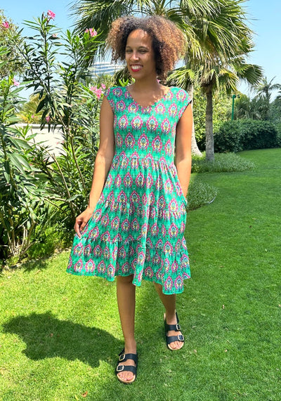 Ximena Mosaic Tile Print Tiered Hem Dress