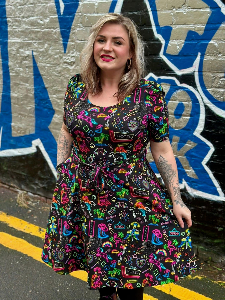 Front view of Kristy Vegas Print Full Skirt Cotton Dress