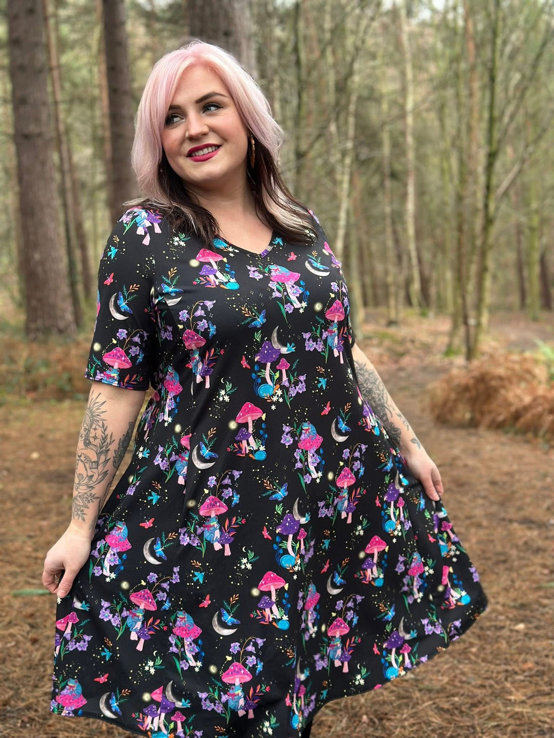Front view of Sanna Botanical Frog Print Jersey Dress