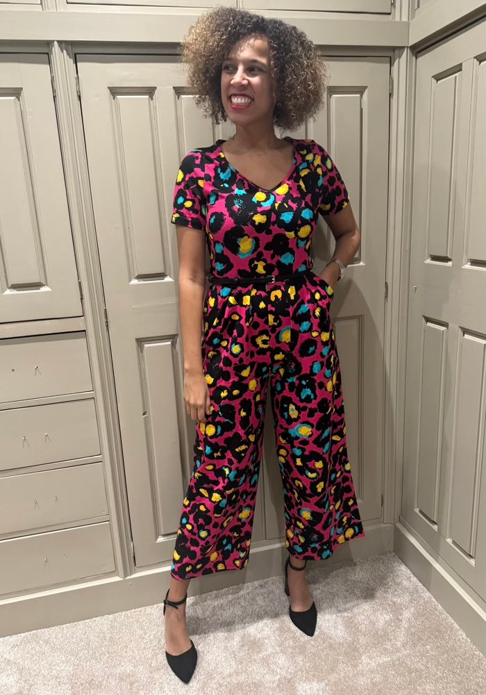 Third angle of Adele Pink Animal Print Cotton Culotte Jumpsuit