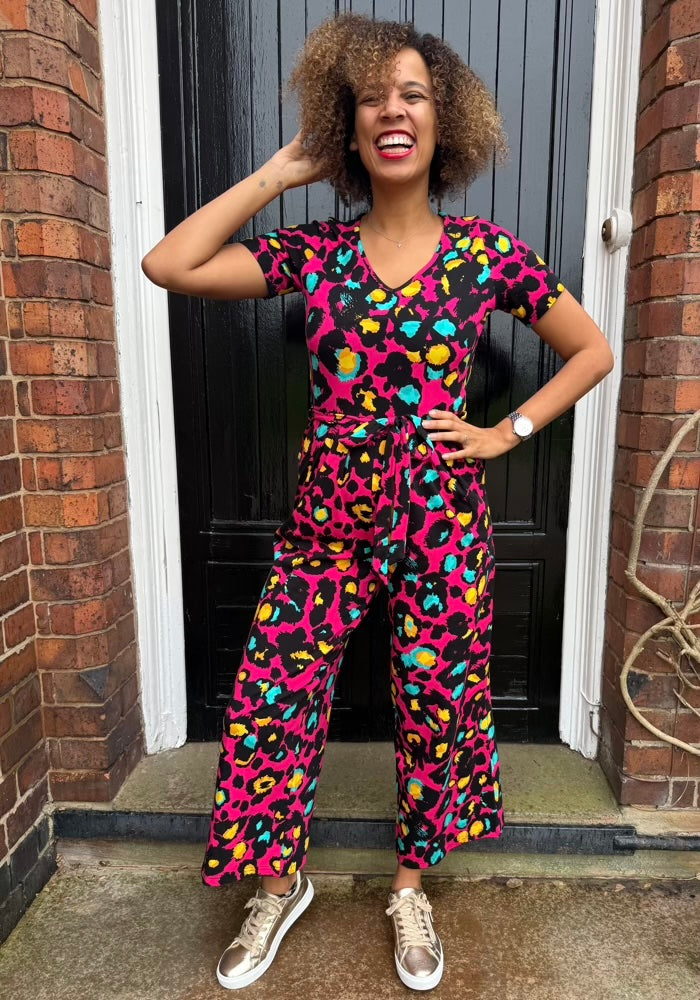 Front view of Adele Pink Animal Print Cotton Culotte Jumpsuit