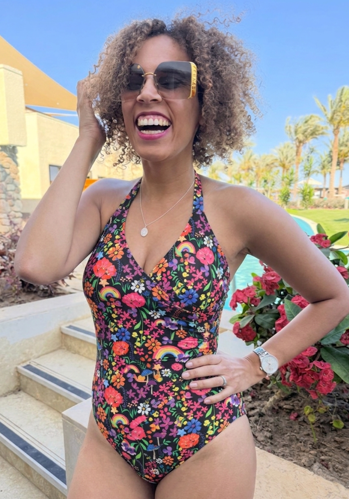 Front view of Garden Rainbow Floral Halter Neck Swimsuit