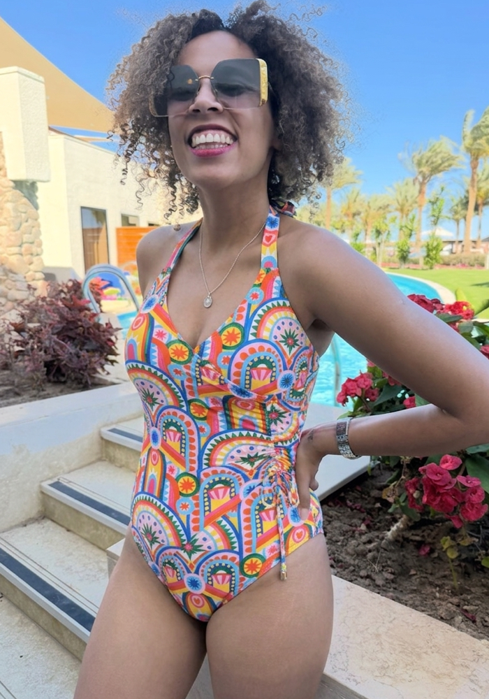 Front view of Hand Painted Deco Halter Neck Swimsuit