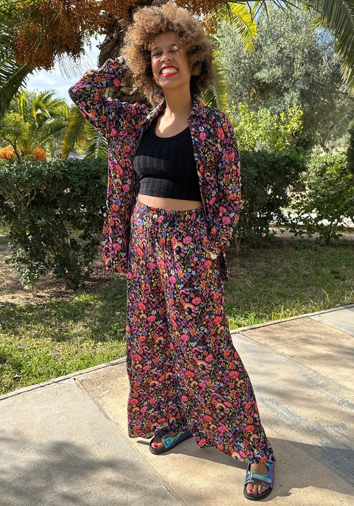 Third angle of Beck Garden Rainbow Floral Print Woven Full Length Trousers