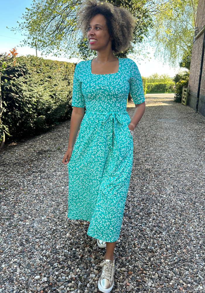 Front view of Blanche Sea Green Sprig Print Cotton Midaxi Dress