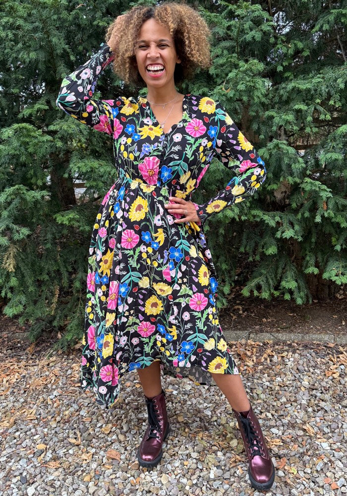 Shanti Black Bold Floral Print Handkerchief Hem Dress