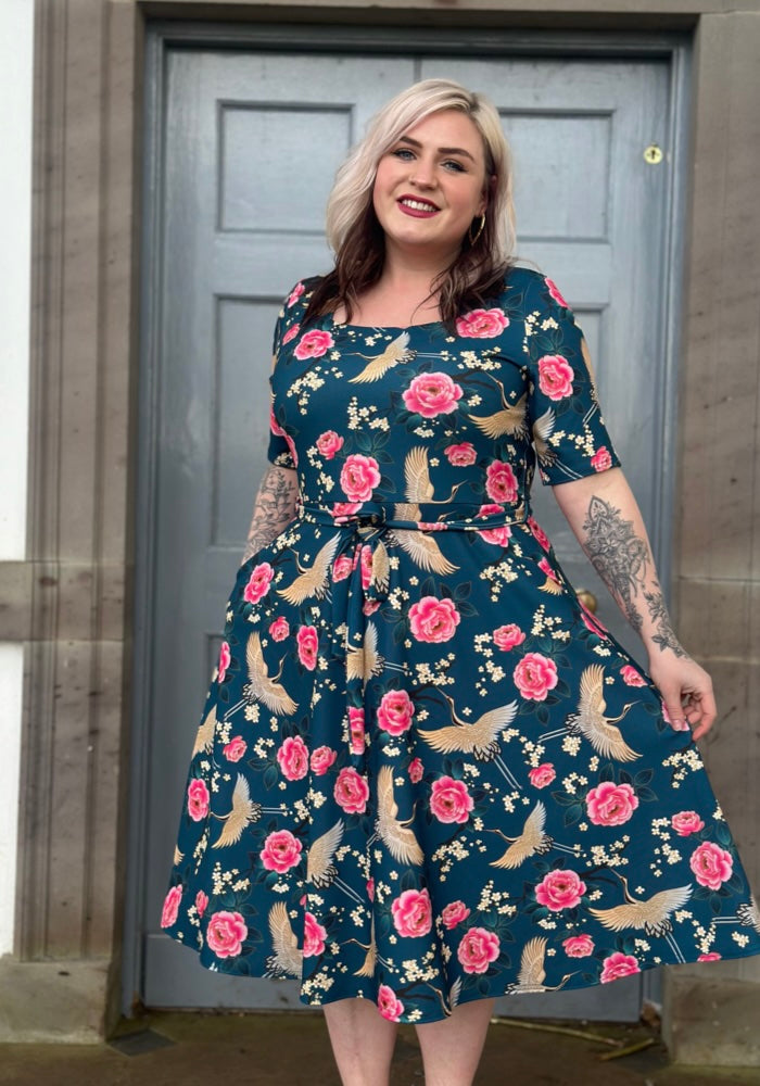 Front view of Rosemarie Floral Crane Print Swing Dress