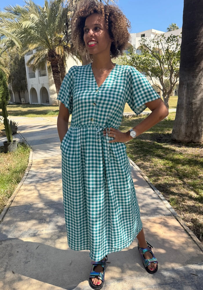 Front view of Levia Green Gingham Print Midaxi Dress