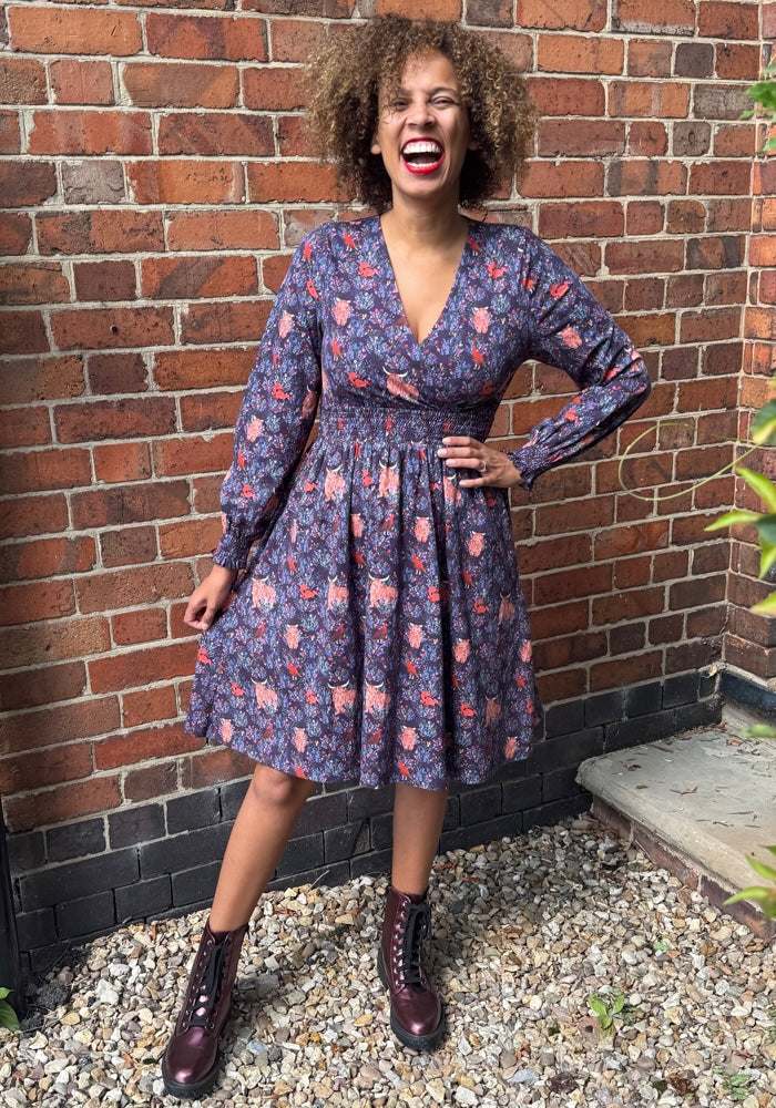 Ansley Highland Cow &amp; Red Grouse Print Cotton Dress