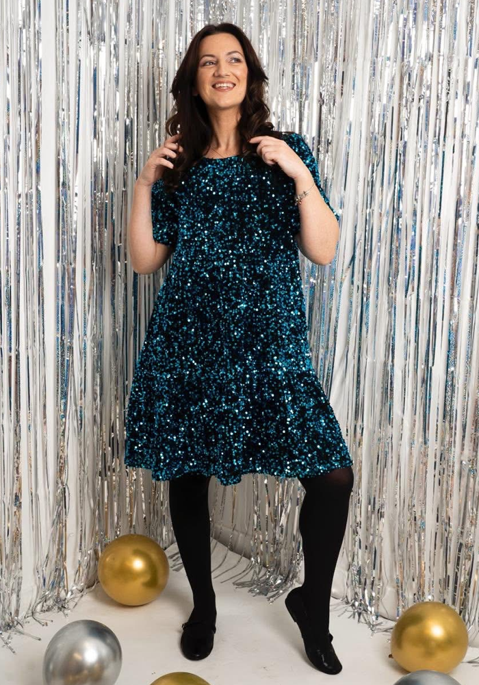 Front view of Chislaine Teal Sequin Tiered Hem Dress