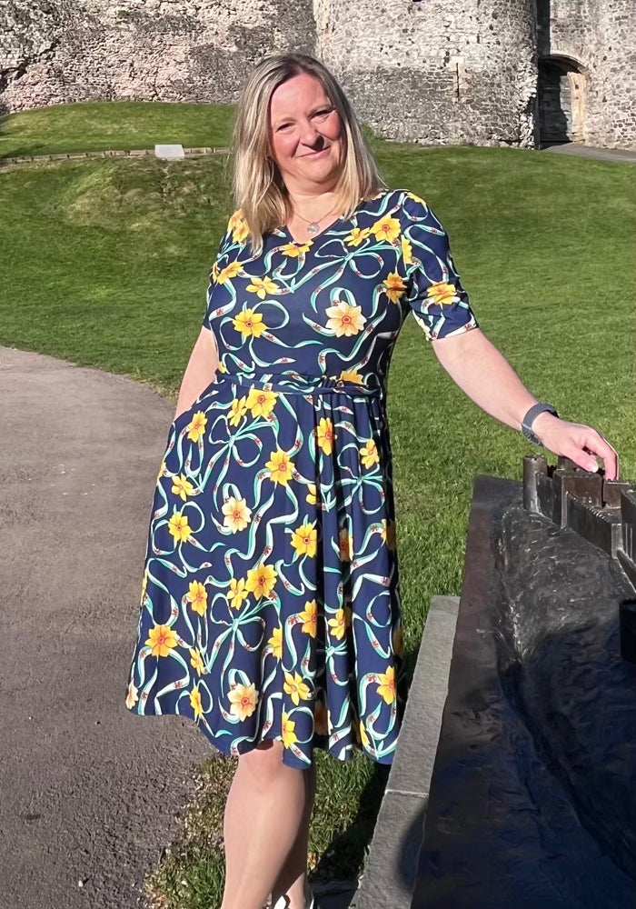 Third angle of Navy Wales Print Flat Waist Jersey Dress