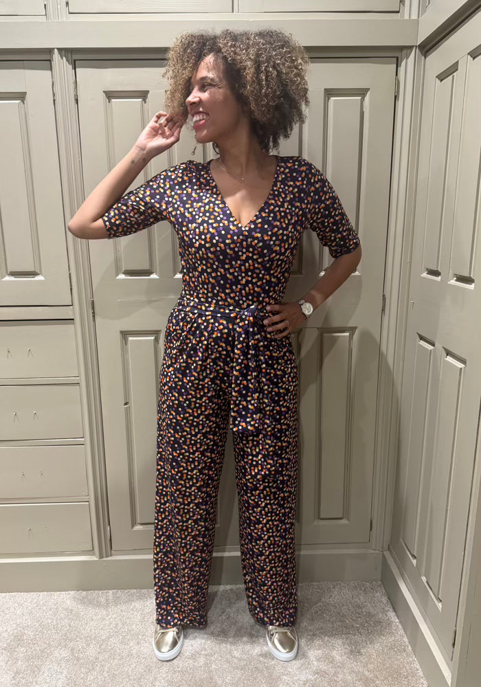 Front view of Xanthea Multi Polka Dot Print Jersey Full Length Jumpsuit
