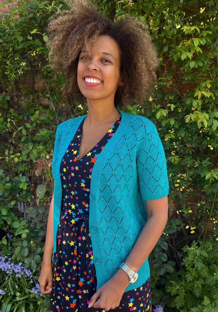 Front view of Verdant Teal Diamond Knit Cardigan, verdant Teal Diamond Knit Cardigan The layer you&