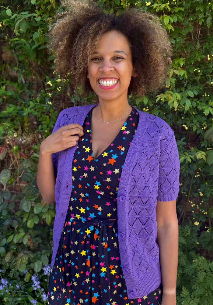 Front view of Lupin Purple Diamond Knit Cardigan, lupin Purple Diamond Knit Cardigan A softer way to wear colour.