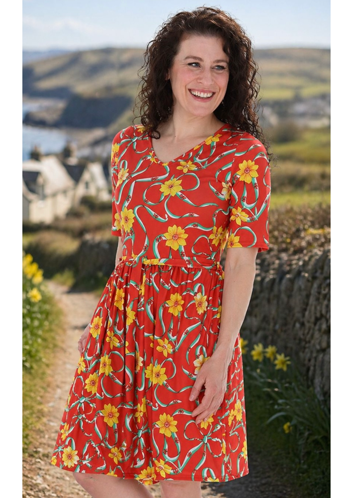 Front view of Red Wales Print Gathered Waist Jersey Dress