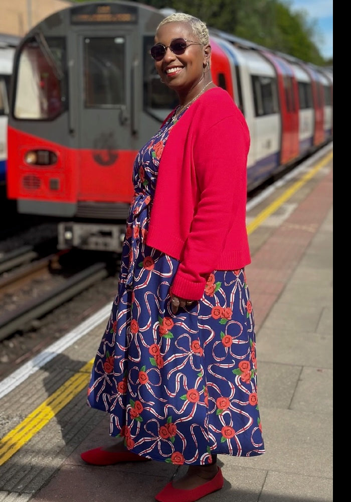 Fifth angle of Navy England Print Wrap Midi Jersey Dress