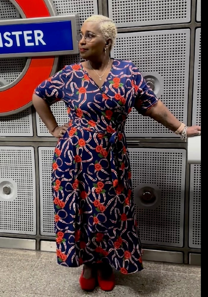 Third angle of Navy England Print Wrap Midi Jersey Dress