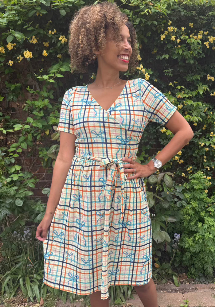 Front view of Evelora Lemon Check Print Dress