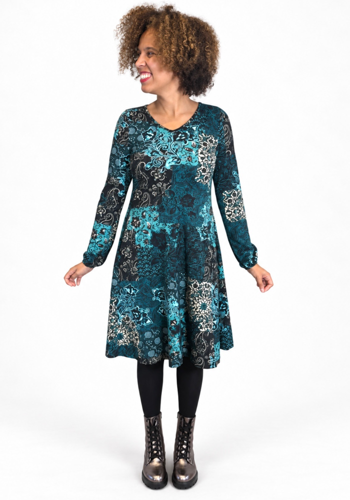 Lunet Teal Patchwork Paisley Print Cotton Dress
