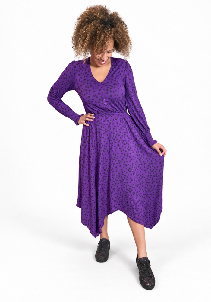 Rona Purple Black Spot Print Handkerchief Hem Dress