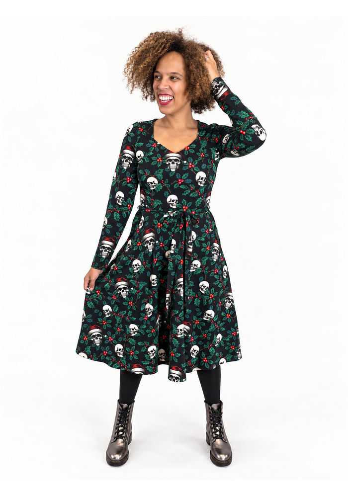 Tessara Holly &amp; Skulls Print Cotton Vintage Swing Dress