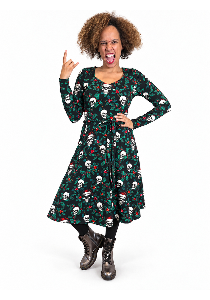 Tessara Holly &amp; Skulls Print Cotton Vintage Swing Dress